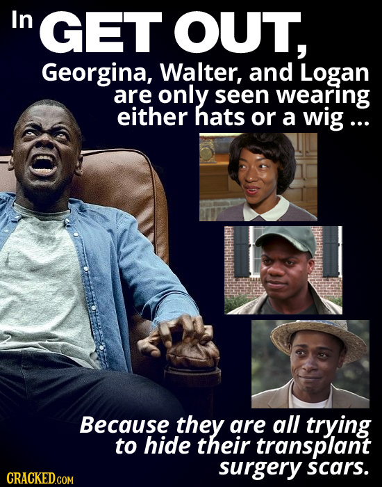 In GET OUT, Georgina, Walter, and Logan are only seen wearing either hats or a wig... Because they are all trying to hide their transplant surgery sca