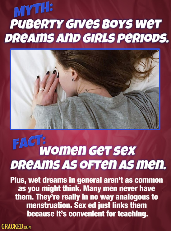 MY'TH: PUBERTY Gives BOYS wet DREAMS AnD GIRLS Perlods. FACT: women GET sex DREAMS AS oFTEN AS men. Plus, wet dreams in general aren't as common as yo