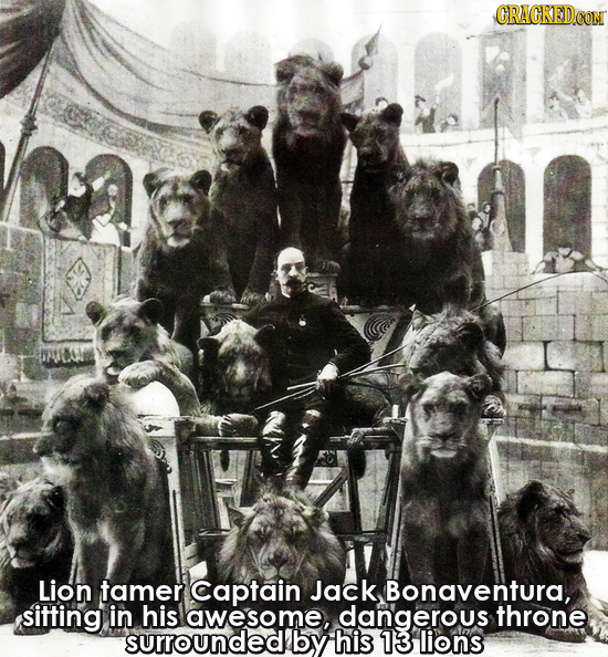 CRAGKEDCOM Lion tamer Captain Jack Bonaventura, sitting in his awesome, dangerous throne surrounded! by his 13 lions 