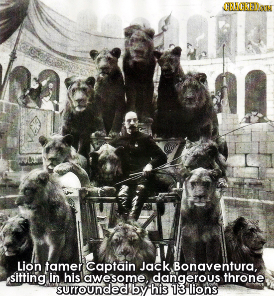 CRAGKEDCOM Lion tamer Captain Jack Bonaventura, sitting in his awesome, dangerous throne surrounded! by his 13 lions