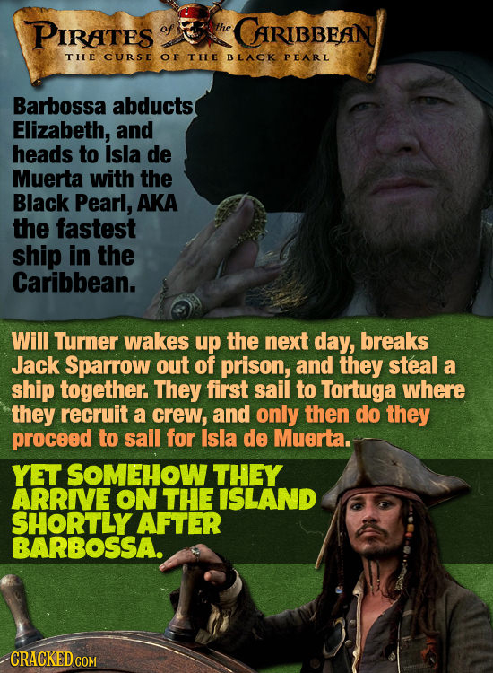 PIRATES of the CARIBBEAN THE CURSE OF THE BLACK PEARL Barbossa abducts Elizabeth, and heads to Isla de Muerta with the Black Pearl, AKA the fastest sh