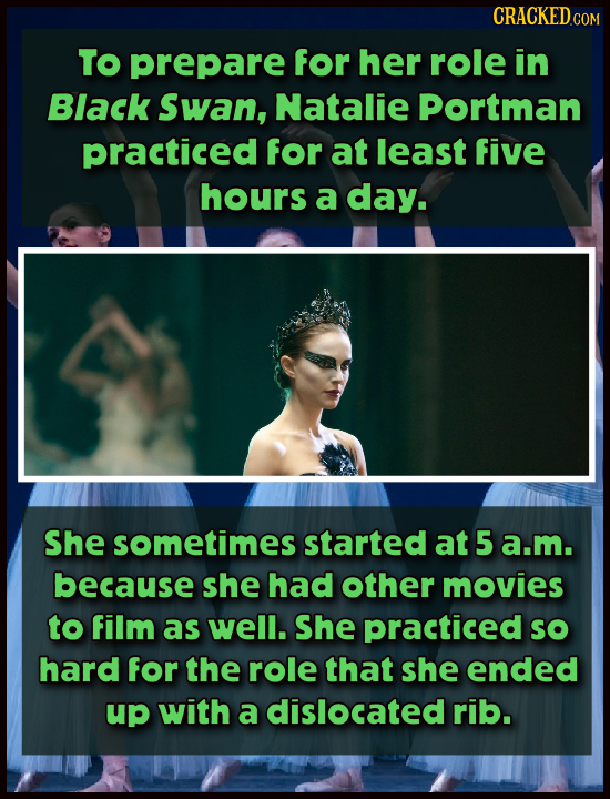 TO prepare for her role in Black Swan, Natalie Portman practiced for at least five hours a day. She sometimes started at 5 a.m. because she had other