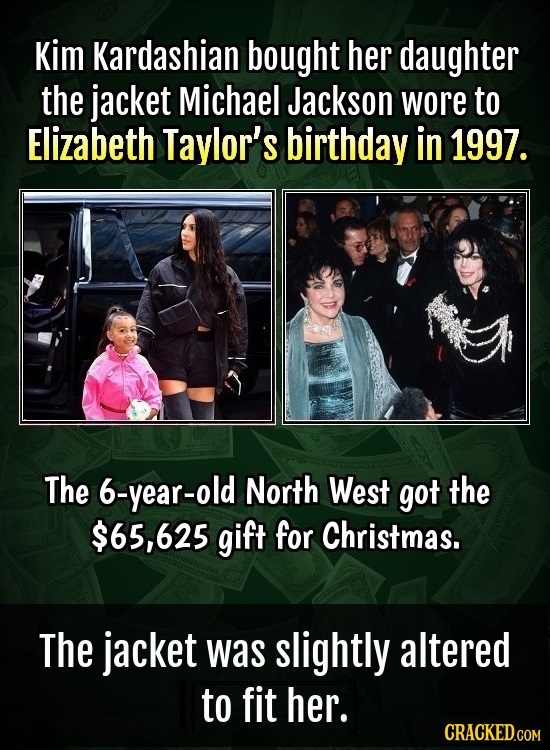 Kim Kardashian bought her daughter the jacket Michael Jackson wore to Elizabeth Taylor's birthday in 1997. The 6-year-old North West got the $65,625 g