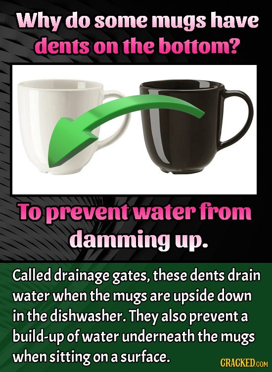 Why do some mugs have dents on the bottom? To prevent water from damming up. Called drainage gates, these dents drain water when the mugs are upside d