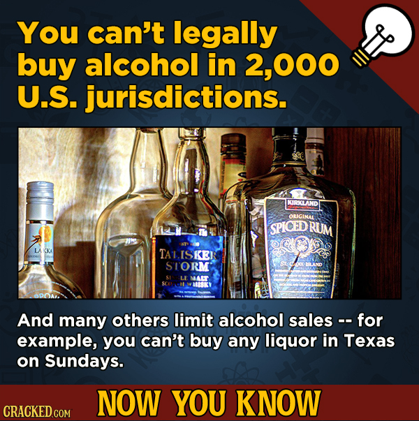 A Big Helping Of Little-Known About Movies (And Other Stuff)You can't legally buy alcohol in 000 U.S. jurisdictions.