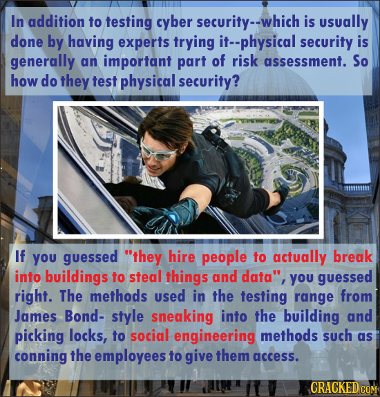 In addition to testing cyber security--which is usually done by having experts trying it--physical security is generally an important part of risk ass