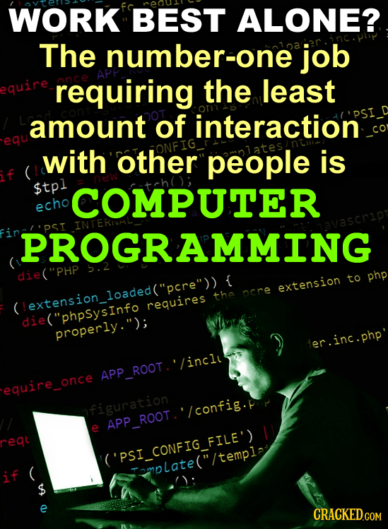WORK BEST ALONE? The number-one job quire requiring the least amount of interaction equ with other people is $tpl COMPUTER echo INTE PROGRAMMING die(