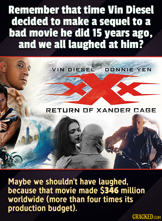 Remember that time Vin Diesel decided to make a sequel to a bad movie he did 15 years ago, and we all laughed at him? VIN DIESEL DONNLE YEN RETURN OF