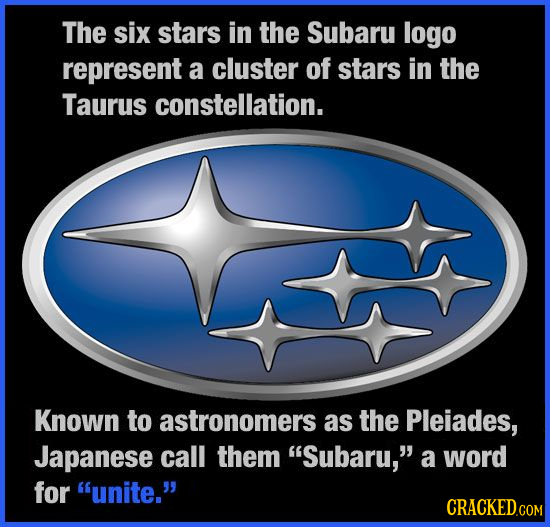 The six stars in the Subaru logo represent a cluster of stars in the Taurus constellation. Known to astronomers as the Pleiades, Japanese call them S