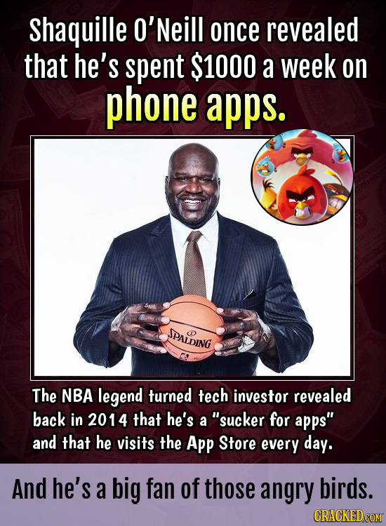 Shaquille O'Neill once revealed that he's spent $1000 a week on phone apps. PALDING O The NBA legend turned tech investor revealed back in 2014 that h