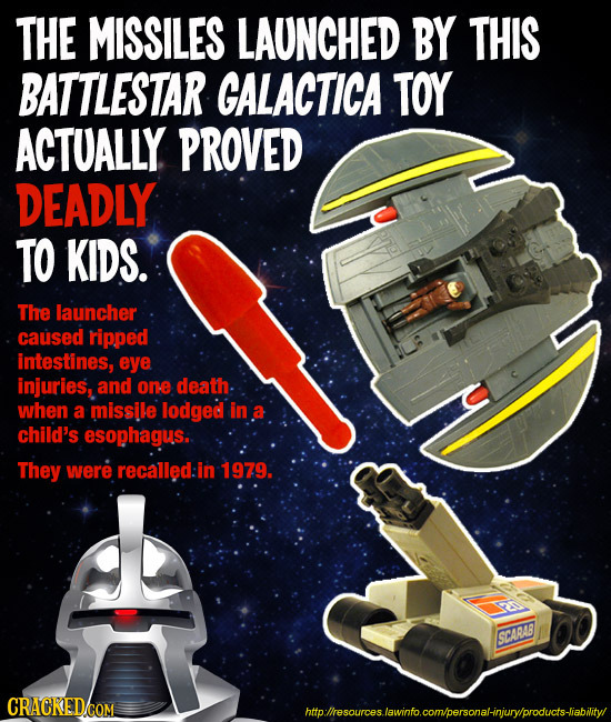THE MISSILES LAUNCHED BY THIS BATTLESTAR GALACTICA TOY ACTUALLY PROVED DEADLY TO KIDS. The launcher caused ripped intestines, eye injuries, and one de