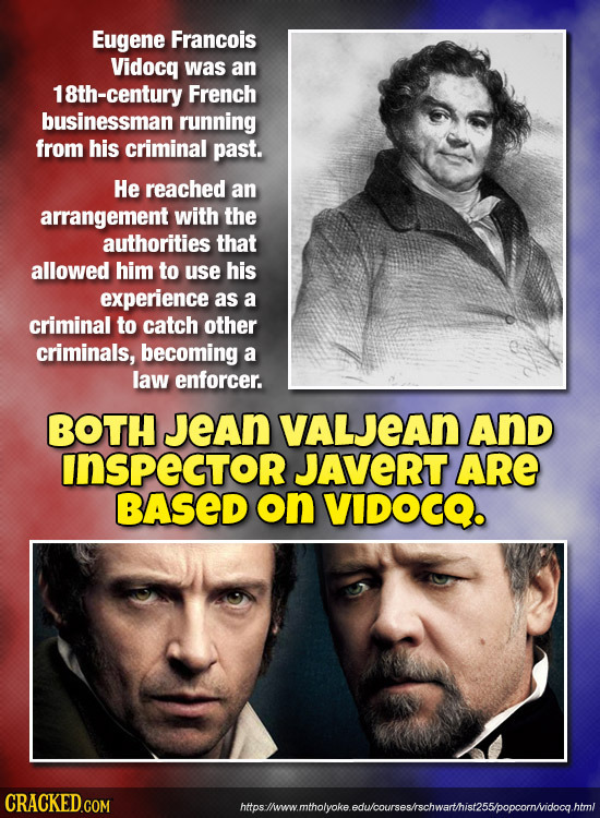 Eugene Francois Vidocq was an 18th-century French businessman running from his criminal past. He reached an arrangement with the authorities that allo