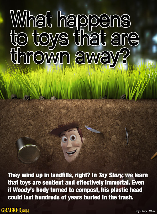 What happens to toys that are thrown away? They wind up in landfills, right? In Toy Story, we learn that toys are sentient and effectively immortal. E