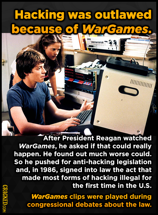 Hacking was outlawed because of Wargames. WIIILILIULL After President Reagan watched Wargames, he asked if that could really happen. He found out much