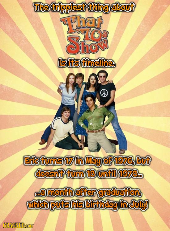 The trippiest thing about Thas Show o is its timeline Eris tums 17 in May of 19763 but doesn't tum 18 until 1978.. month after graduations which puts