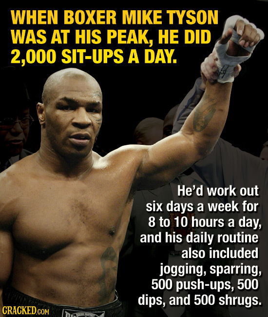 WHEN BOXER MIKE TYSON WAS AT HIS PEAK, HE DID O00 SIT-UPS A DAY. He'd work out six days a week for 8 to 10 hours a day, and his daily routine also inc