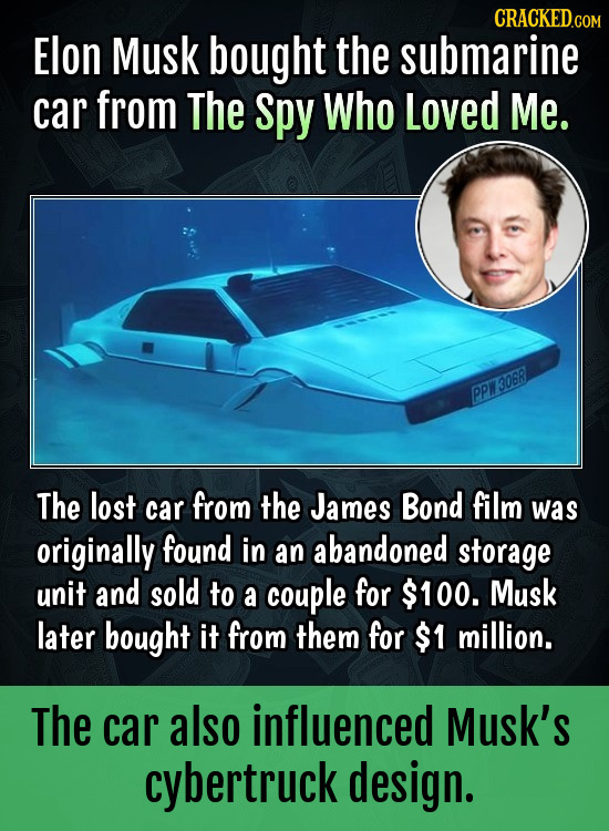 CRACKEDCON Elon Musk bought the submarine car from The spy Who Loved Me. PPW30681 The lost car from the James Bond film was originally found in an aba