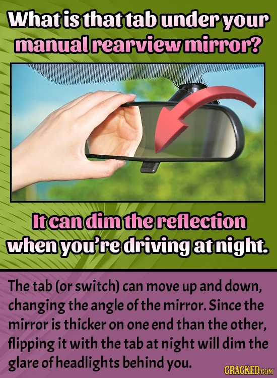 What is that tab under your manual rearview mirror? It can dim the reflection when you're driving at night. The tab (or switch) can move up and down,