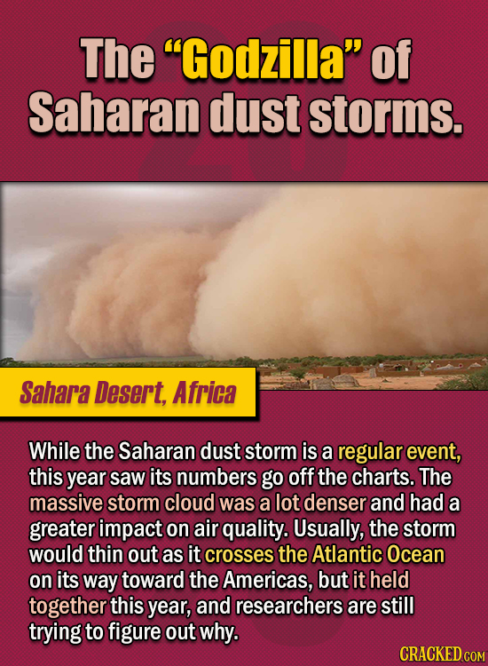 15 Of The Strangest Things 2020 Managed To Cook Up (Part 2) - The “Godzilla” of Saharan dust storms. While the Saharan dust storm is a regular event,