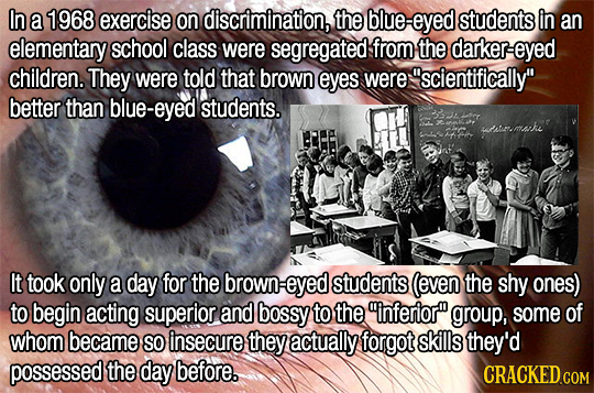 In a 1968 exercise on discrimination, the blue. eyed students in an elementary school class were segregated from the darker-eyed children. They were t