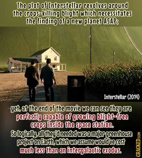 The plot of Interstellar revolves around the crops-killing blight which necessitates the finding Of a new planet ASAP: Interstellar (2014) yet. at the