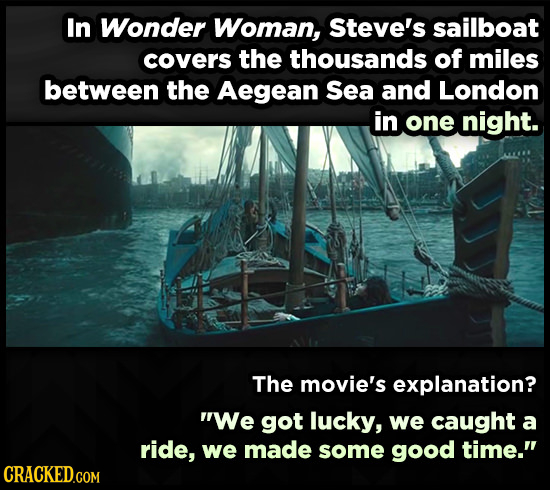 In Wonder Woman, Steve's sailboat covers the thousands of miles between the Aegean Sea and London in one night. The movie's explanation? We got lucky