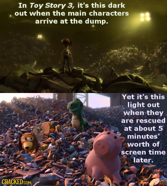 In Toy Story 3, it's this dark out when the main characters arrive at the dump. Yet it's this light out when they are rescued at about 5 minutes' wort