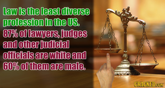 Law is the least diverse profession in the US. 87% of lawyers, judges and other judicial officials are white and 60% Of them are male.
