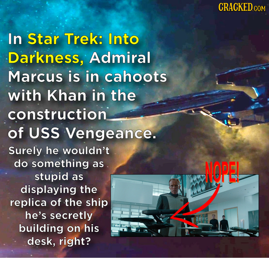 CRACKEDcO In Star Trek: Into Darkness, Admiral Marcus is in cahoots with Khan in the construction of USS Vengeance. Surely he wouldn't do something as