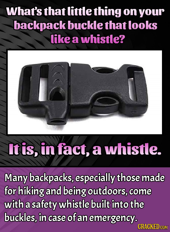 What's that little thing on your backpack buckle that looks like a whistle? It is, in fact, a whistle. Many backpacks, especially those made for hikin