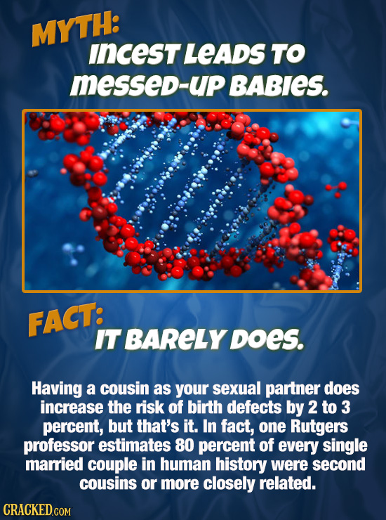 MYTH: incest LEADS TO messeD-UP BABIES. FACT: IT BARELY DoES. Having a cousin as your sexual partner does increase the risk of birth defects by 2 to 3
