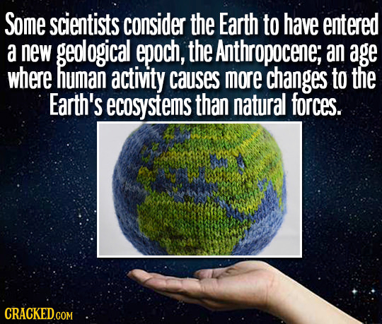 Some scientists consider the Earth to have entered a new geological epoch, the Anthropocene; an age where human activity causes more changes to the Ea