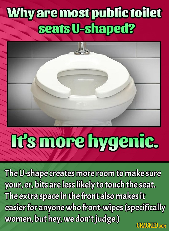 Why are most public toilet seats U-shaped? It's more hygenic. The -shape creates more room to make sure your, er, bits are less likely to touch the se