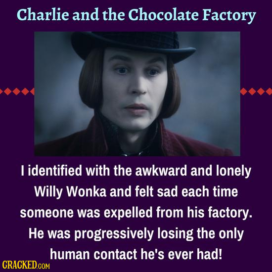 Charlie and the Chocolate Factory I identified with the awkward and lonely Willy Wonka and felt sad each time someone was expelled from his factory. H