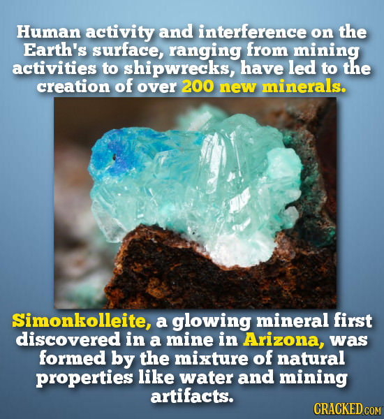 Human activity and interference on the Earth's surface, ranging from mining activities to shipwrecks, have led to the creation of over 200 new mineral