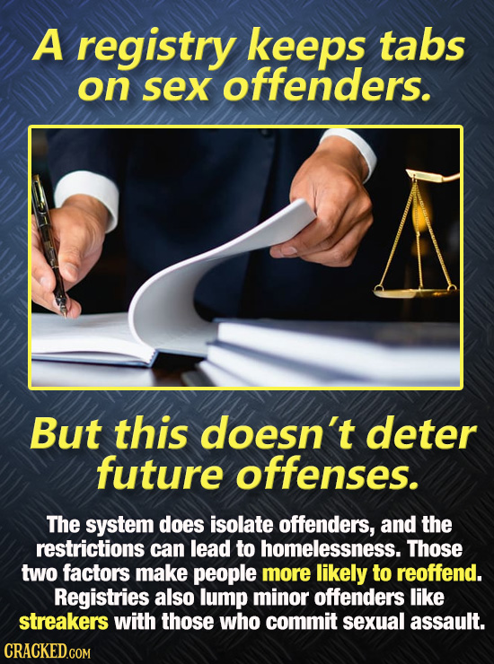 A registry keeps tabs on sex offenders. But this doesn't deter future offenses. The system does isolate offenders, and the restrictions can lead to ho