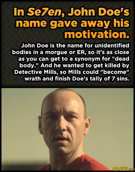 In Se7en, John Doe's name gave away his motivation. John Doe is the name for unidentified bodies in a morgue or ER, so it's as close as you can get to