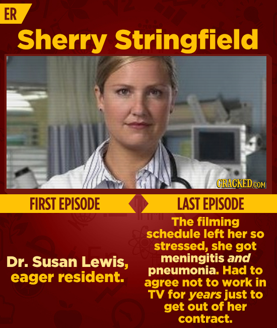 ER Sherry Stringfield GRACKEDC COM FIRST EPISODE LAST EPISODE The filming schedule left her sO stressed, she got Dr. Susan Lewis, meningitis and pneum