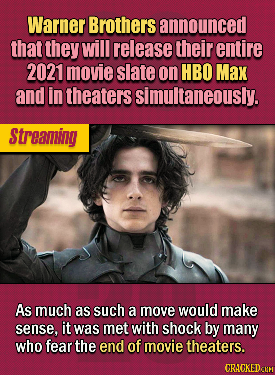 15 Of The Strangest Things 2020 Managed To Cook Up (Part 2) - Warner Brothers announced that they will release their entire 2021 movie slate on HBO Ma