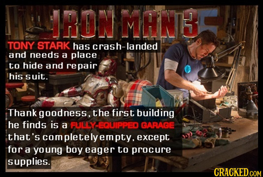 IRON MANBC TONY STARK has crash-landed and needs a place to hide and repair his suit. Thank goodness, the first building he finds is a FULLY EQUIPPED