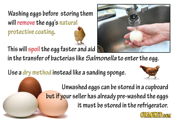 Washing eggs before storing them will remove the egg's natural protective coating. This will spoil the egg faster and aid in the transfer of bacterias