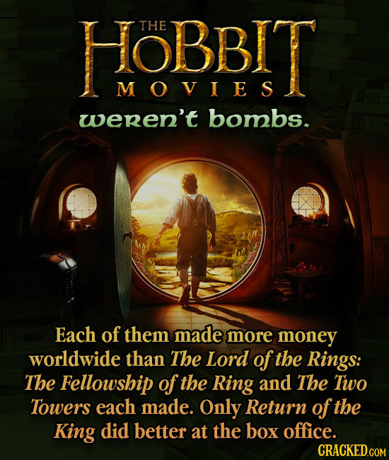 HOBBIT THE MOVIES weren't bombs. Each of them made more money worldwide than The Lord of the Rings: The Fellowship of the Ring and The Two Towers each