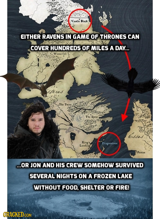 'Castic Black EITHER RAVENS IN GAME OF THRONES CAN COVER HUNDREDS OF MILES A DAY... Winterfell steros The Twins The Eyrie rssos Kiag' Dragonstone Land