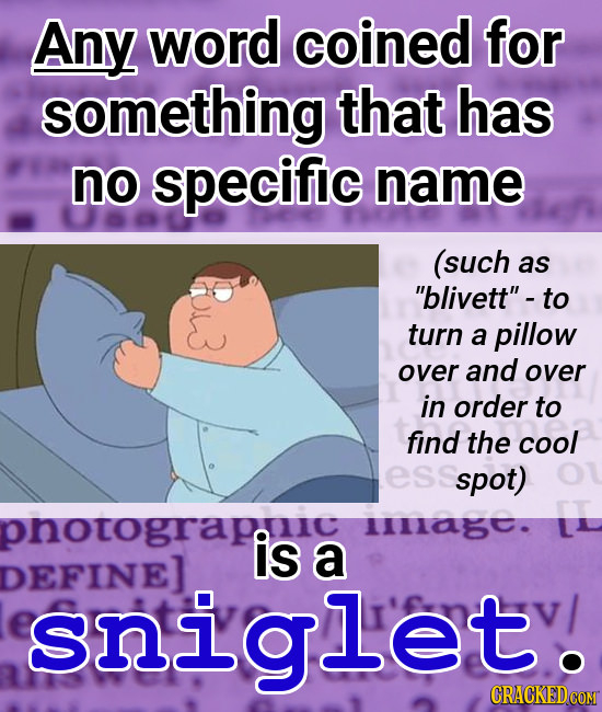 Any word coined for something that has no specific name (such as blivett- to turn a pillow over and over in order to find the cool spot) pnotograp t