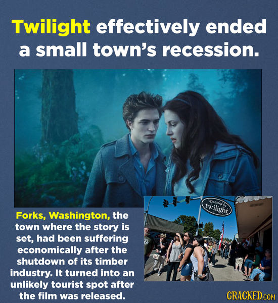 Twilight effectively ended a small town's recession. Dazls twilight Forks, Washington, the town where the story is set, had been suffering economicall