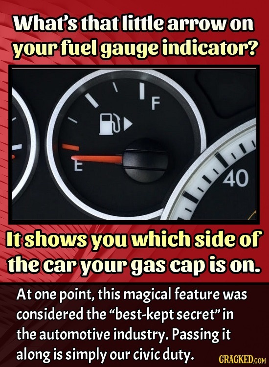 What's that little arrow on your fuel gauge indicator? F I1 40 It shows you which side of the car your gas cap is on. At one point, this magical featu