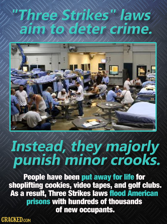 Three Strikes laws aim to deter crime. Instead, they majorly punish minor crooks. People have been put away for life for shoplifting cookies, video