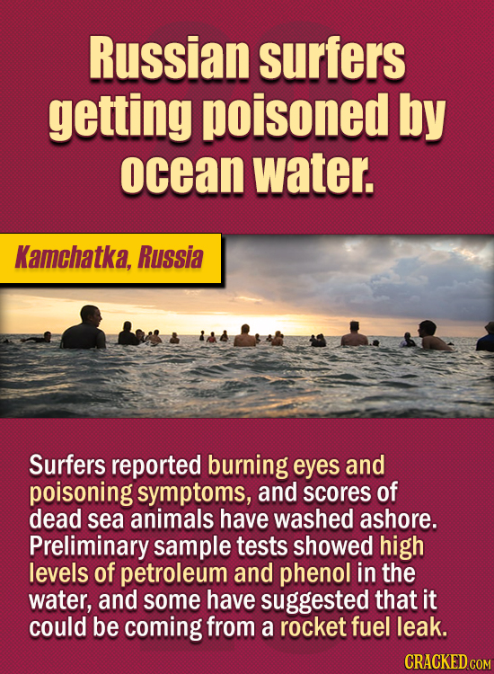15 Of The Strangest Things 2020 Managed To Cook Up (Part 2) - Russian surfers getting poisoned by ocean water. Surfers reported burning eyes and poiso