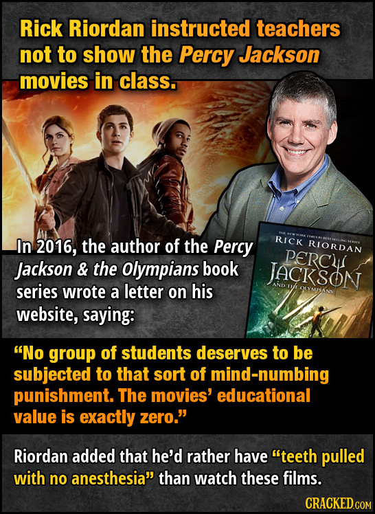 Rick Riordan instructed teachers not to show the Percy Jackson movies in class. In 2016, the author of the Percy RICK RIORDAN PERC Jackson & the Olymp