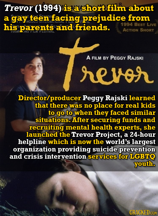 Trevor (1994) is a short film about a gay teen facing prejudice from his parents and friends. 1994 BEST LIVE ACTION SHORT A FILM BY PEGGY RAJSKI revor